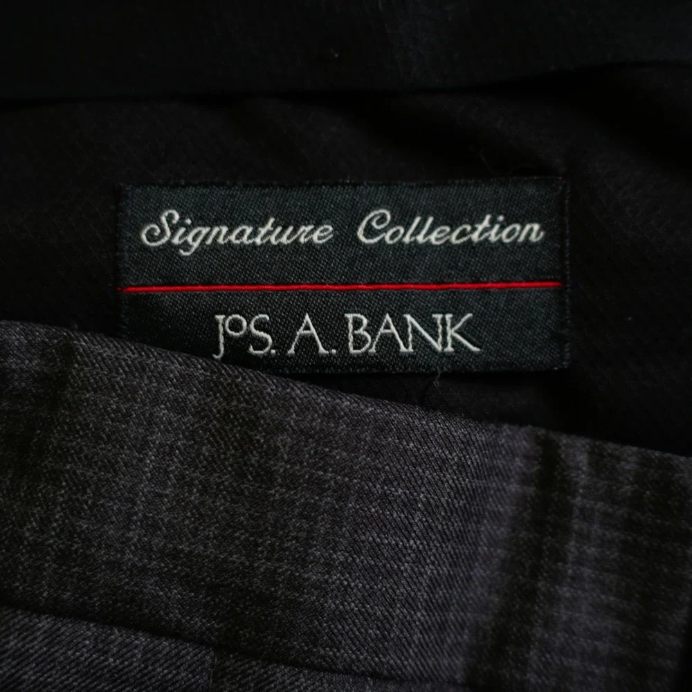 Jos A Bank Wool Gray Check Dress Pants -35R 35 / 32- Mid Rise Pleated Cuffed Li